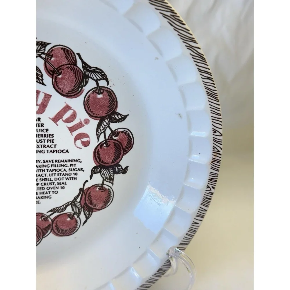 VTG Cherry Pie Recipe Ceramic Pie Dish White Red Black Made In USA